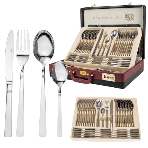 KARL HAUSMANN Besteck Set 12 personen - 72-teilig - Essbesteck Spülmaschinenfest Rostfrei - BesteckSet aus Edelstahl - Schwarz Koffer - Cutlery set 12 People - Silverware Set - Bestecksets KARL HAUSMANN Besteck Set 12 personen - 72-teilig - Essbesteck Spülmaschinenfest Rostfrei - BesteckSet aus Edelstahl - Schwarz Koffer - Cutlery set 12 People - Silverware Set - Bestecksets