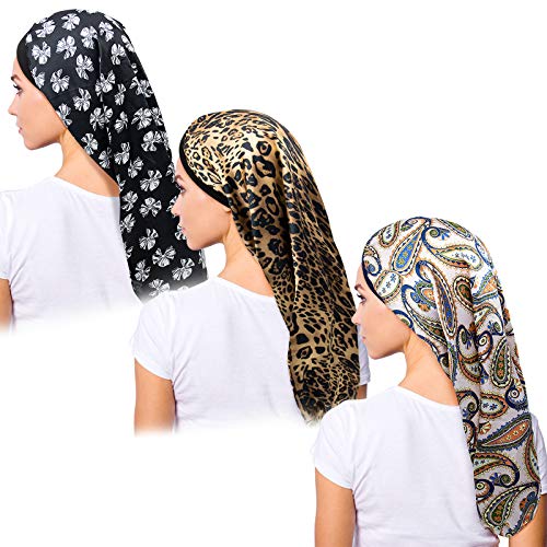 MYHOZEE 3pcs Large Satin Bonnets for Extra Long Hair, Soft & Wild Elastic Band Sleepin Cap for Women Curly or Natural Hair (Style 1 - Leopard, Amoeba, Butterfly)