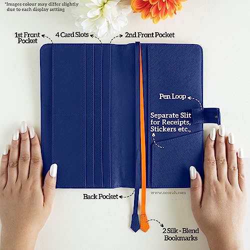 Image of NEORAH- PETITE Notebook SLEEVE with SNAP Button -[SLEEVE ONLY]|Vegan Leather|Office Diary Holder with Penloop|2 Front & 1 Back Pocket|4 Card Slots|2 BookMarks -Fits any PETITE Softcover - DARK BLUE