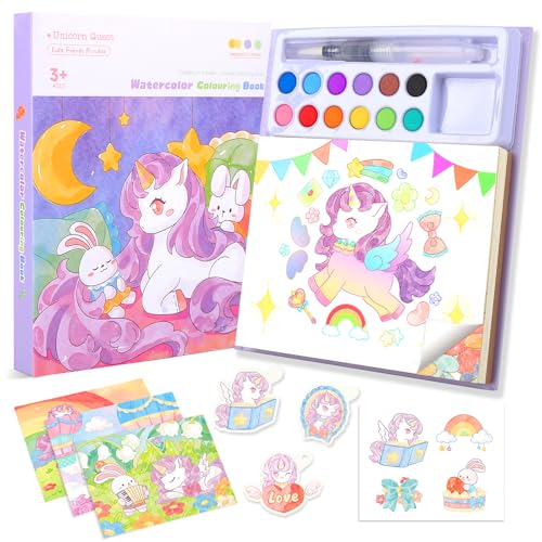 Libri da Colorare Bambini, Kit di Pittura 3 In 1 con 12 Colori+3 Tipi di Design Creativo+Pennello, Giocattolo Educativo Per Le Ragazze dai 3 ai 8 Anni, Regali Per Le Ragazze (Unicorno)