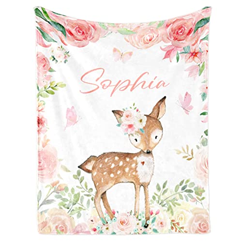 Image of Personalized Deer Baby Blanket for Girl Custom Name Blanket for Newborn Kid