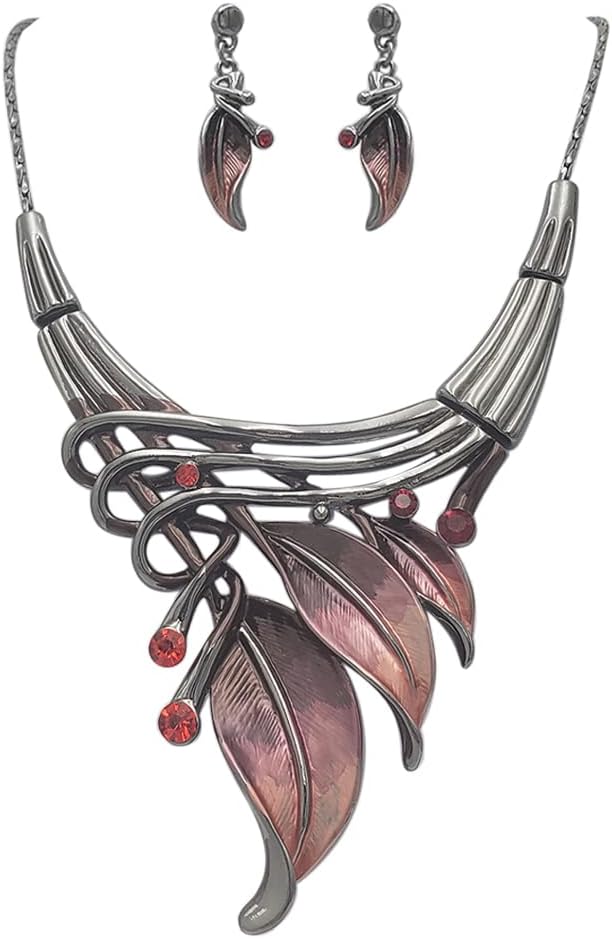 Rosemarie & Jubalee Women's Unbe-leaf-ably Stunning Crystal Rhinestone Accented Textured Metal Leaf Statement Necklace Earrings Set, 14"+3" Extender