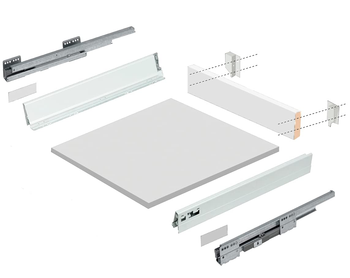 Cajón de cocina con guías laterales de auto freno y maderas de montaje base y trasera incluidas, rieles de hasta 50 kg de peso, color en blanco, fondo de 50 cm (MODULO - 60)