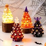 Grinsvalley 4 Pack Halloween Ceramic Tree Pre-lit 4.7' Christmas Tree Tabletop Centerpieces Decoration with Pumpkin Ghost Bat Witch Hat Toppers, LED Light up Battery Operated Halloween Figurines Gift
