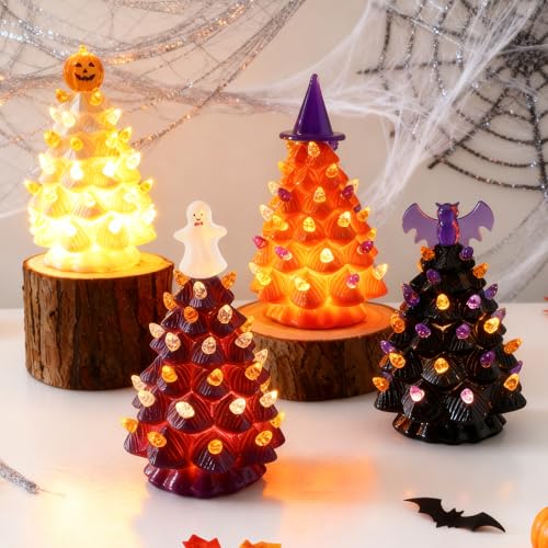 Grinsvalley 4 Pack Halloween Ceramic Tree Pre-lit 4.7" Christmas Tree