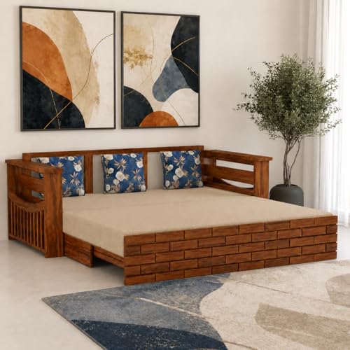 Image of Ganpati Arts Solid Sheesham Wood 3 Seater Italian Sofa Cum Bed with Side Pocket for Living Room Bedroom Wooden Bedroom Furniture for Home 1 Year Warranty (Natural Finish)
