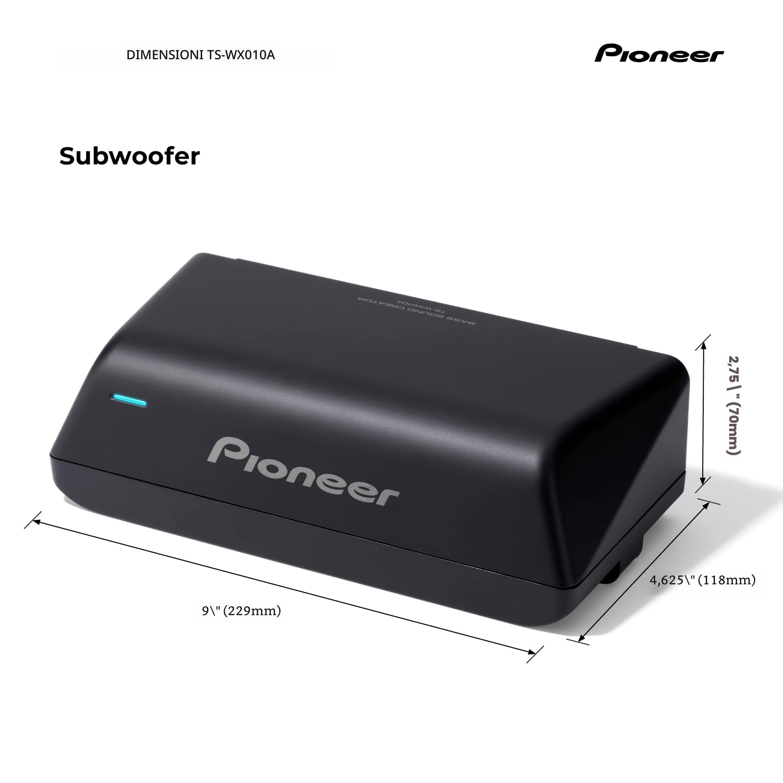 Pioneer Subwoofer attivo TS-WX010A, potente subwoofer con alloggiamento con potenza massima di 160 W, subwoofer 17x8 cm in alloggiamento MDF, membrana IMPP, nero, potenza di ingresso nominale 50 W