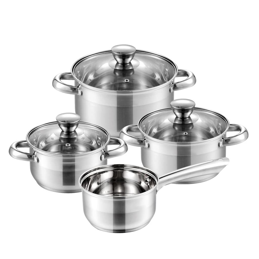 Kochtopf, Kochgeschirr-Set Edelstahl 7-teilig Küche Kochtopf & Pfanne Set, Stielkasserolle, Schmortopf, Dampfgarer, Bratpfanne mit Glasdeckel