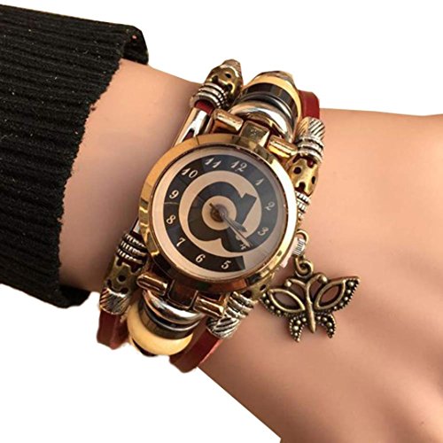 Hot Sale! AMA(TM) Women Retro Leather Strap Beads Pendant Bracelet Watches Wrap Around Wristwatch Gifts (Brown)