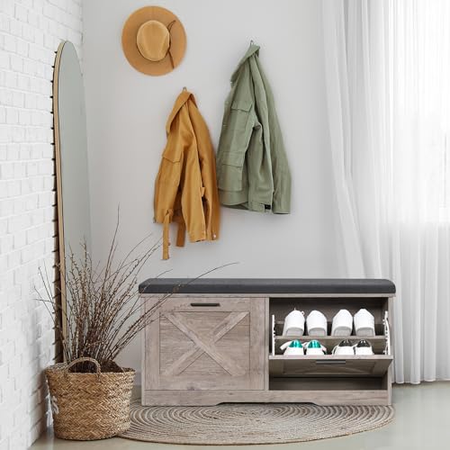 Shoe Storage Bench with 2 Flip Drawers, Entryway Bench with Padded Seat Cushion, Shoe Cabinet with 2 Barn Doors, 11.8" D x 39.4" W x 18.4" H, for Entryway, Living Room, Bedroom, Greige
