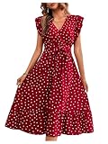 Floerns Women's Heart Print Ruffle Trim Cap Sleeve V Neck Belted Dress Red Medium