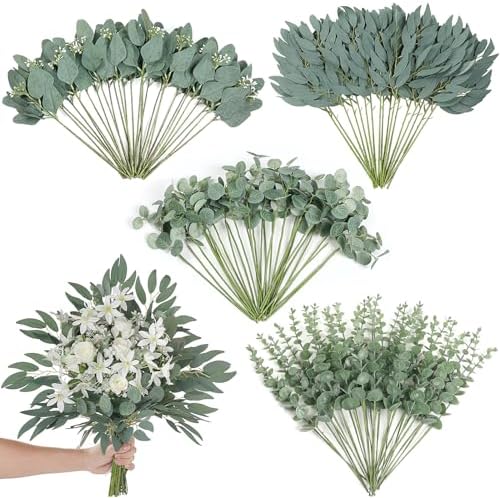 120 Pcs 4 Kinds Mixed Artificial Eucalyptus Leaves Stems Bulk Fak...
