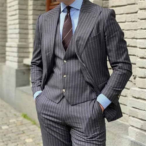Men 3 Pieces Stripe Suits Peaked Lapel Formal Blazer Groom Tuxedo Fit Outfit Suit2
