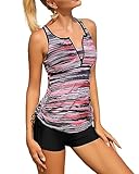 MARINAVIDA Pink Stripe Two Piece Tankinis Swimwear for Women Athletic Racerback Bathing Suits Womens Tankini Swimsuits Modest Zip Front L