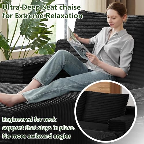 Image of 96 inch Modular Sectional Sofa, Modern Corduroy Cloud Couch with Side Pockets, Boneless Couch Upholstered 3-Seater L-Shaped Sofa for Living Room, No Assembly Required (Black, Left-Facing Chaise)