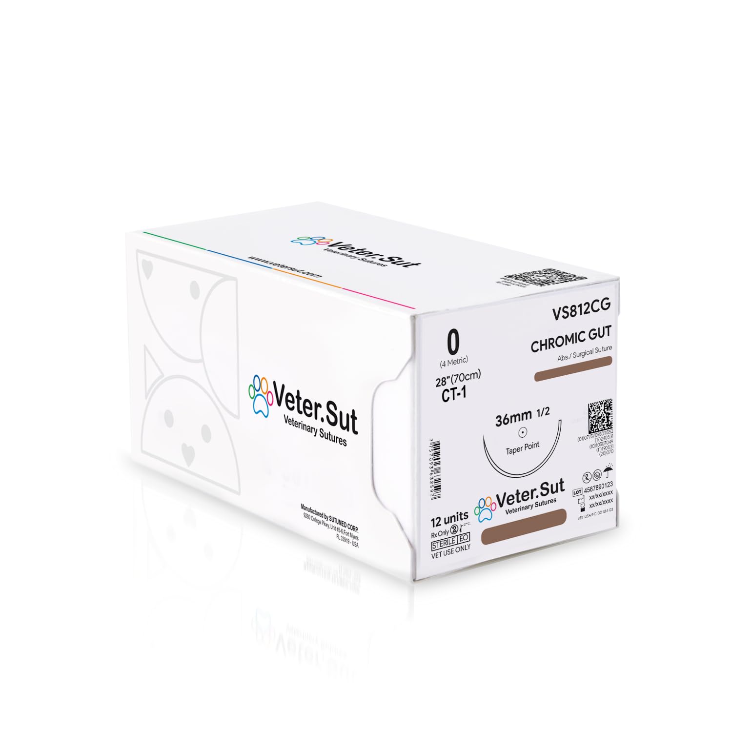 VeterSut CHROMIC Gut Absorbable Surgical Suture USP Size 0, (CT-1) 1/2 36mm Taper Point Needle, 28 Inches (70 cm), 12 Count, Veterinary Use
