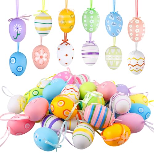 Ostereier zum Aufhängen, 48 Stück Bunte Ostereier Plastik, Ostereier aus Kunststoff, Osterdeko Hängedeko, Osterbaumschmuck, Dekorative Eier-Ornamente für Innen Außen Osterdeko