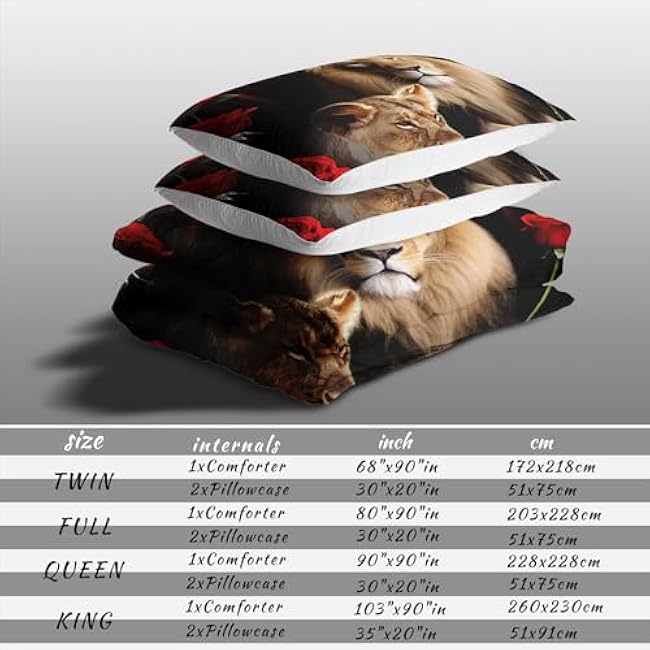 Raphus Cucullatus Lion Print Comforter Set King 3 Piece, Red Black Animal Bedding for Boys, Rose Tropical African 3D Print, Lion King Bed Set