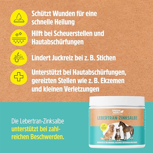 GreenHero Lebertran-Zinksalbe, 500g, bei Hautproblemen von Haustieren, unterstützend bei Wunden, Reizungen, Juckreiz, Mauke und Anderen Hautproblemen, für Pferd, Hund, Katze und Co