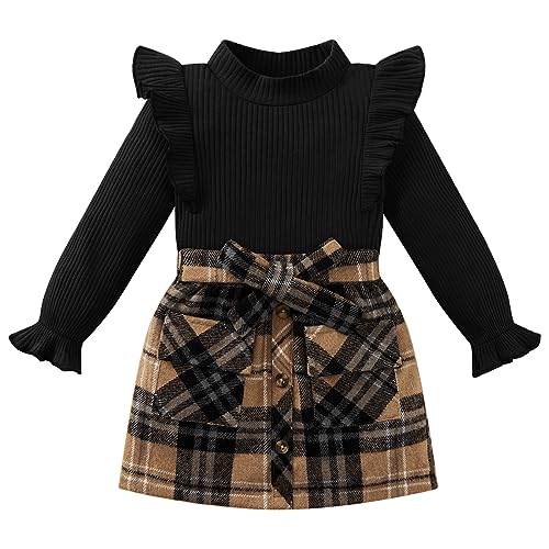 Image of Weixinbuy Toddler Girl Fall Winter Clothes Solid Long Sleeve Ribbed T-Shirt Knit Tops Plaid Button Mini Skirts Set Outfits