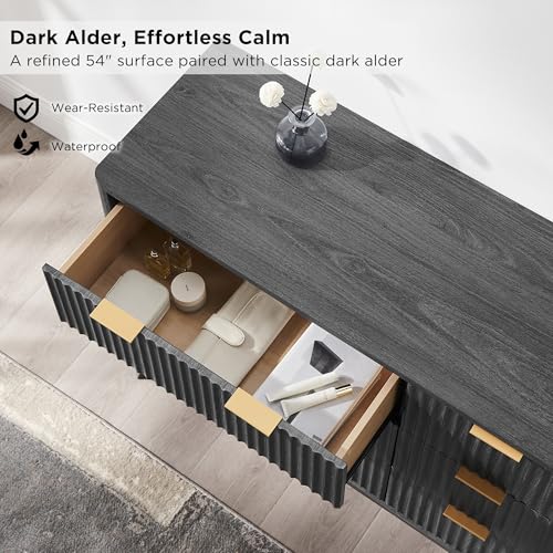 Image of T4TREAM Fluted 6 Drawers Dresser, 54 inch Wide Modern Chest of Drawers, Curved Profile Design, Dresser TV Stand, Wood Drawer Organizer for Bedroom, Living Room, Hallway, Dark Alder