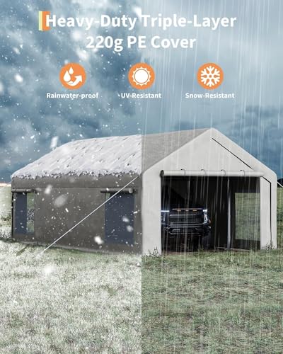 Image of 13x25 FT Carport,Heavy-Duty Carport with 4 Roll-Up Windows & Doors, Portable Garage 200g PE Tarp, Waterproof & UV Protected Outdoor Shelter for Car, Boat, Truck, Motorcycle