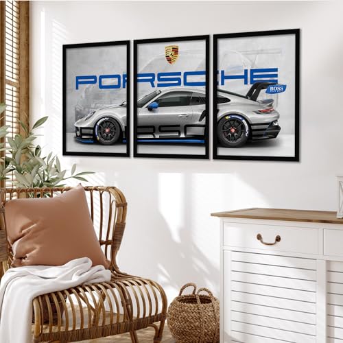 Image of ARTELLY Big Porsche 911 GT3rs Sports Car Framed Wall Posters, Set of 3, Premium Framed Painting, Living Room Bedroom Decoration, Large Size Gift Item for Boys Room Decor (Porsche 1, 13x19 inch)