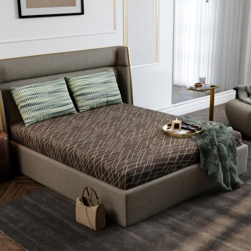 Image of Stoa Paris 100% Cotton King Size Fitted Bedsheet with 2 Pillow Covers, 180TC Printed Bedding Set, All-Season Comfort, Soft & Lightweight, Home Decor, Urbanscape - Mocha Rays (182cmx198cm+30cm)