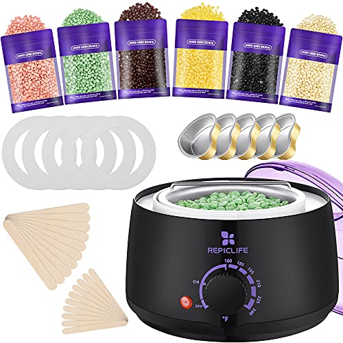 Waxing Kit, Wax Warmer Hair Removal with 6 Pack Hard Wax Beads, Hair Wax Machine Kit Including 20 pcs Wooden Applicator Sticks, Wax Pot for Brazilian Body Underarm Bikini Chest Legs Face Eyebrow Wax
