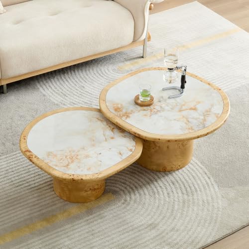 kevinplus Curved Round Coffee Table Set of 2 with Sintered Stone Tabletop for Living Room, Modern Mid-Century Retro Pedestal Nesting Coffee Table, Burl Wood Veneer, Natural, 2-Pcs