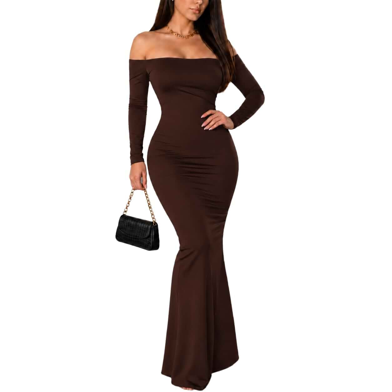 LIGHT DOT Women's Off The Shoulder Bodycon Maxi Dress Long Sleeve Back Slit Fal Cocktail Dresses For Women, Backless Slim Fit Bodycon, High Stretch Knit, Pencil Hem, Elegant Wedding Guest Outfit