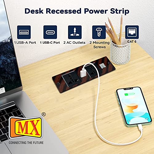 Image of MX Premium Power Console 16 Amp 6 Universal Sockets with 2 USB Charging Port Extension Board - with Removable Desk Clamp Power Strip Master Switch (Desktop Socket - 2AC + USB-A /C + CAT6 (Wood))