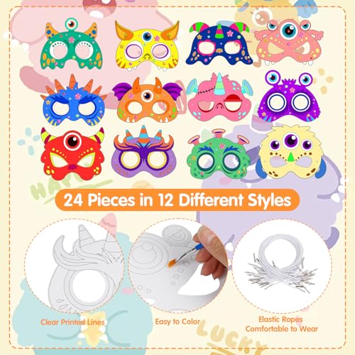 ZEELONA 24 Pcs Halloween Monster Crafts for Kids DIY Coloring Masks School - image 4