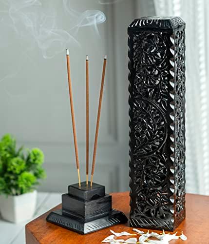 Crocon Handmade Black Marble Soapstone Incense Stick Burner Square Shape Leaf & Half Wheel Carving Tower Burner | Tea Light Candle Holder | Decorative Home & Kitchen Best Gift Size – LxWxH (8X8X28)Cm
