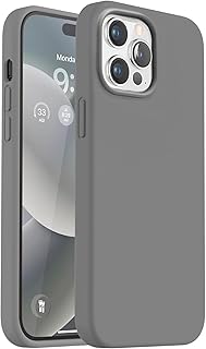 جراب سيليكون سائل لموبايل ايفون 15 برو ماكس، مضاد للصدمات ومضاد لبصمات الاصابع للخدش ورفيع وناعم-المطاط الهلامي (رمادي داكن)-المعز