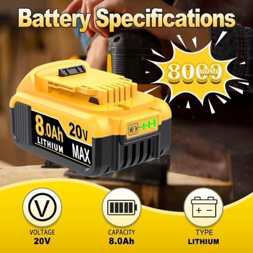 Image of 8.0Ah Replacement Battery for Dewalt 20V Max Battery, 6-Pack | Compatible with Dewalt Batteries DCB201 DCB203,Replacement for Dewalt 20V Battery, 8000mAh Li-ion, with LED Light