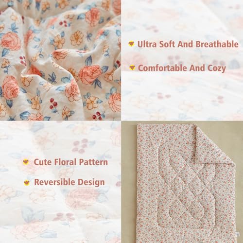Image of DuShow Toddler Bedding Set for Girls,4 Pieces Floral Toddler Girl Comforter Set,Super Soft Reversible Toddler Sheet Set,Lightweight Crib Bed Set -Pink
