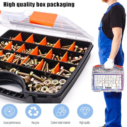Image of Taiss Grade 8.8 Bolts and Nuts Assortment Kit,1 /4-20,5 /16-18,3 /8-16,1 /2-13 Heavy Duty SAE Hex Bolts and Nuts & Flat /Lock Washer Kit,Carbon Steel Zinc Plated,with Handheld Box 618PCS