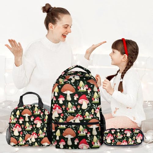 Mushroom Backpack with Lunch Box and Pencil Case Set, 3 in 1 Matching Teens Colorful Backpacks Combo, Cute Lightweight Bookbag and Pencil Case Bundle2