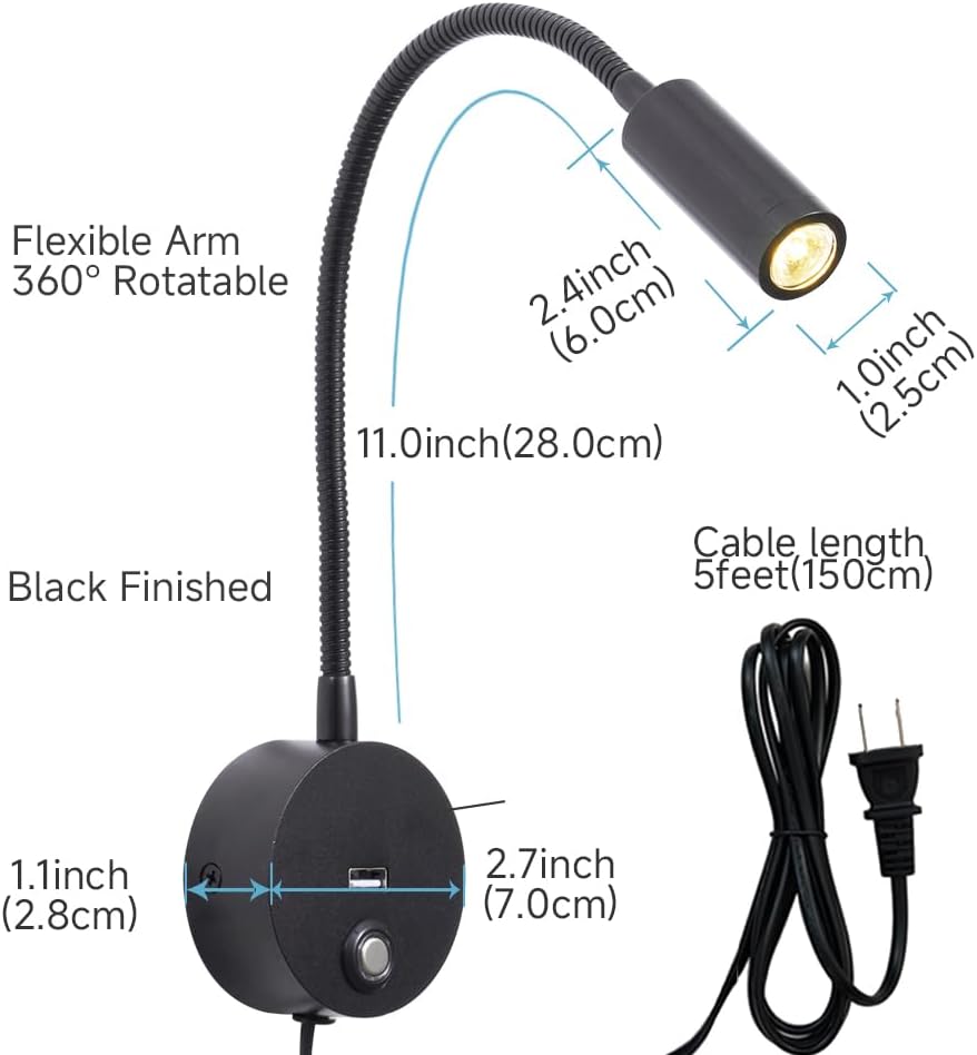 Dimmable Wall Mounted Reading Light with USB Charging Port, Plug-in LED Headboard Reading Light, Bedside Spot Wall Lamps with Flexible Gooseneck, Black Finished