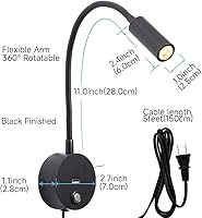 Vista 6 de Luz de lectura regulable montada en la pared con puerto de carga USB, luz de lectura LED enchufable, lámparas de pared con cuello de cisne flexible