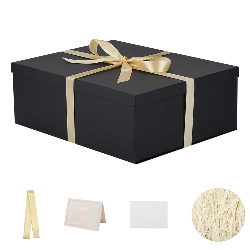 KdmNzoo Geschenkbox XXL Mit Deckel 42x32x15,5 Cm – Inkl. Schleife, Grußkarte & Raffia – Perfekt Für Große Präsente
