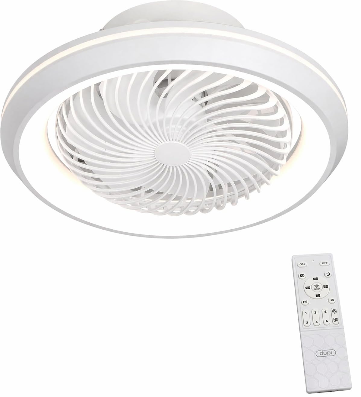 DUPI Ventilador Plafon de Techo con Luz Led OSCILAND, Amplia cobertura de aire gracias a su función oscilante 360º. 6 Velocidades, color led regulable 3000K-4000K-6500K. Mando a distancia (Blanco)