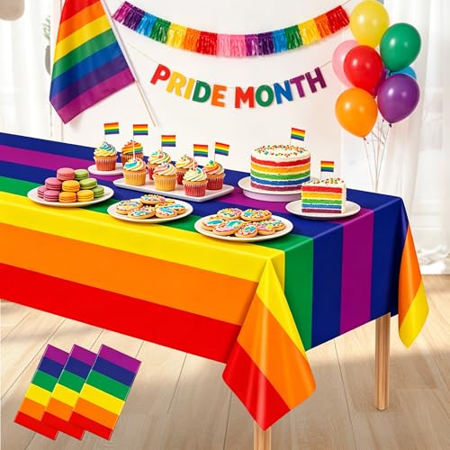 Everglit Plastic Rainbow Tablecloth 3 Pack 54 x 108 Inch Disposable Pride Table Cloth Rainbow Party Decorations for Birthday Carnival Events Rectangular Table Covers Celebrations