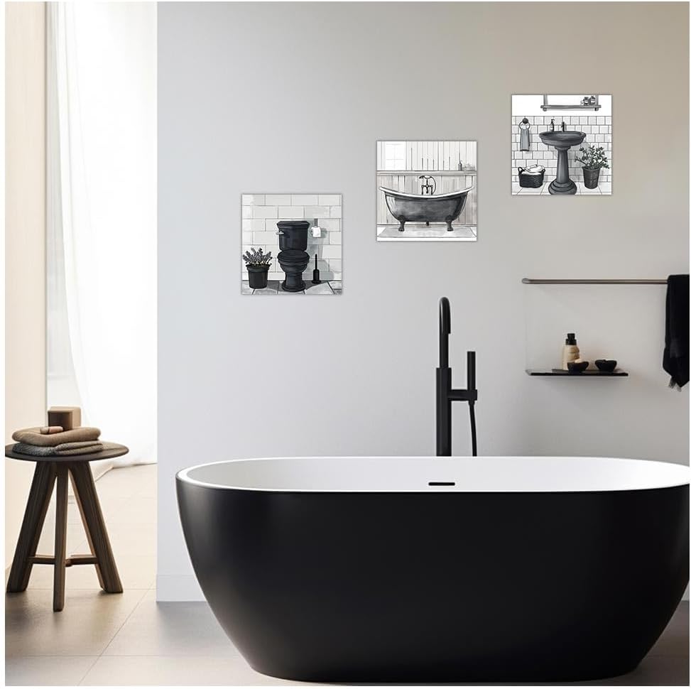 DOARTDO Bathroom Wall Art 3 Pieces Bath Tub Pictures Bathtub Canvas Painting Prints Bathroom Toilet Washroom Wall Decor Framed Ready To Hang (Black, (12"x12"x3 Pieces)) - Image 4