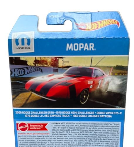 Image of Hot Wheels Car 2024 Mopar Pack of 5 (2008 Dodge Challenger SRT8, 1970 Dodge Hemi Challenger, Dodge Viper GTS R, 1978 Dodge LI'L Red Express Truck, 1969 Dodge Charger Daytona) Multi - Color