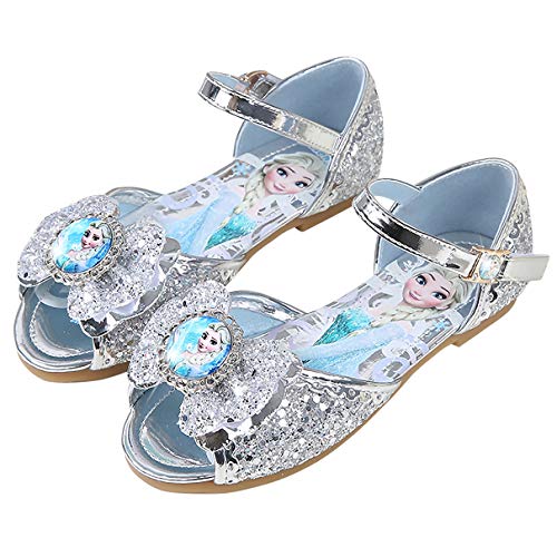 Monissy Niña Punta Cerrada Sandalias de Vestir Primavera Verano Tacón Plano Lentejuelas Velcro Princesa Elsa Zapatos de Disfraz Fiesta Cumpleaños Azul Sandalias 3-15Años Tamaño22-36