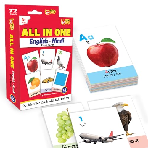 Image of Flash Cards for 3 Year Old | 72 Double-Sided English-Hindi Flashcards with 120+ Pictures | Alphabet, Animals, Fruits & Learning Cards for Kids | Preschool Educational Toy
