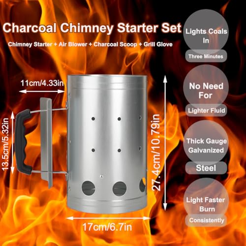 Charcoal Chimney, Charcoal Chimney Starter Coal Burner,Grill Chimney Charcoal Starter Tools Set of 4 Pieces Include Fire Gloves, BBQ Fan Air Blower, Charcoal Scoop for Grill Fireplace Accessories