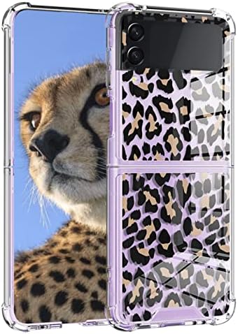 UZEUZA Compatible for Samsung Galaxy Z Flip 3 5G Case Clear Full Body Shockproof Protective Hard Bumper Folding Cover Slim Thin Leopard Print Design Wireless Charging Case for Galaxy Z Flip 3 2021